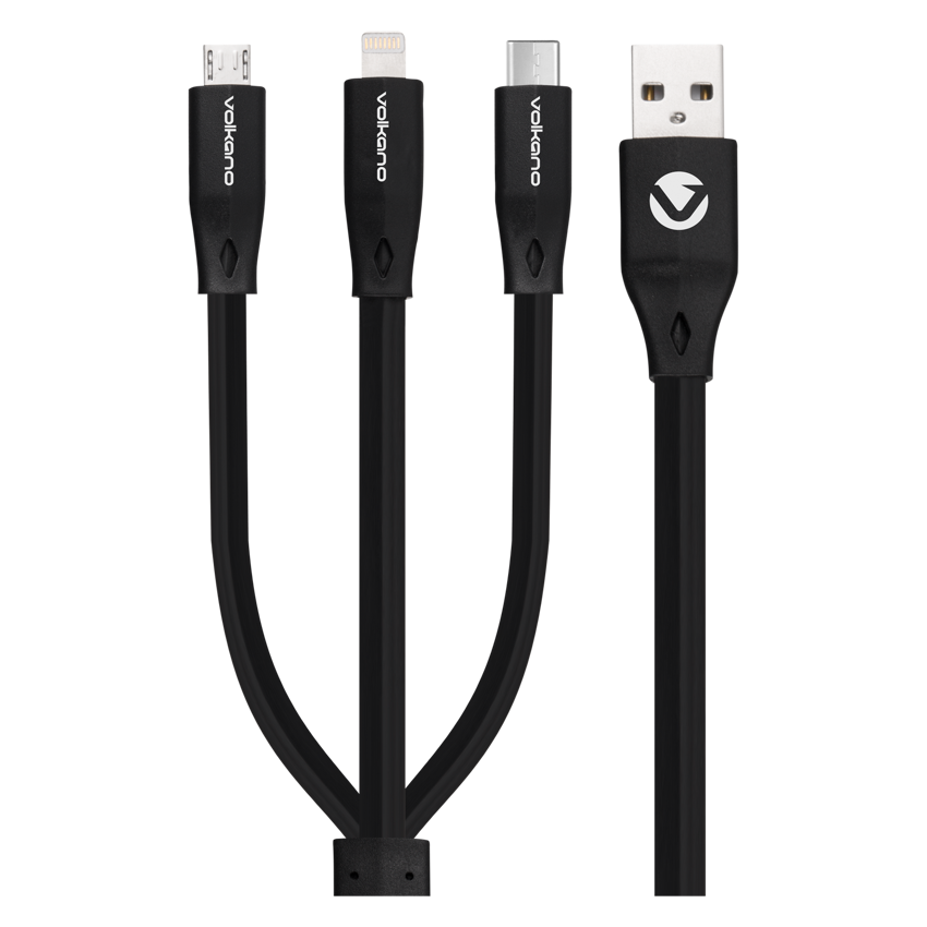 VOLKANO SLIM SERIES FLAT PVC 3en1 TYPE C CABLE 1M-BLACK