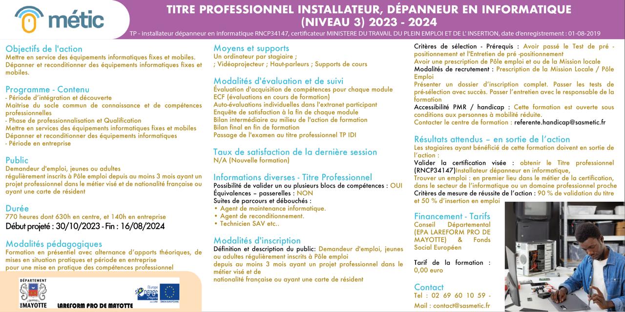 Titre professionnel Installateur, dépanneur en informatique (RNCP341 47)